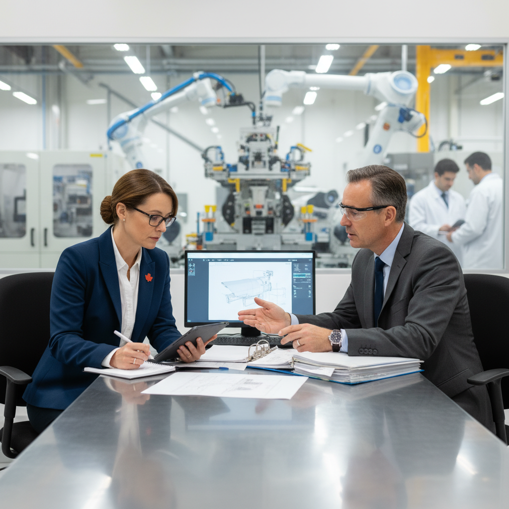 A Canadian certification body auditor taking notes during an on-site ISO audit at an aerospace manufacturing facility, reviewing process documentation and speaking with a quality manager, professional setting, photorealistic