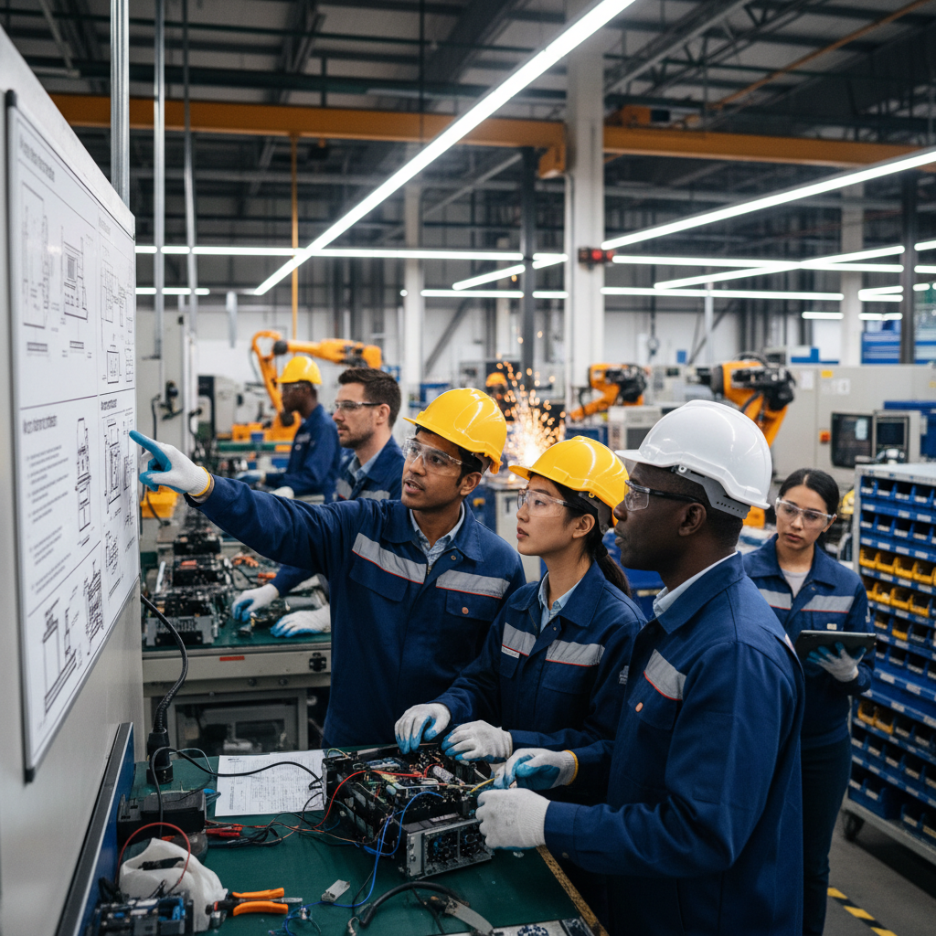 Diverse team of employees in a manufacturing setting gathered around a work instruction poster, referencing it while performing production work