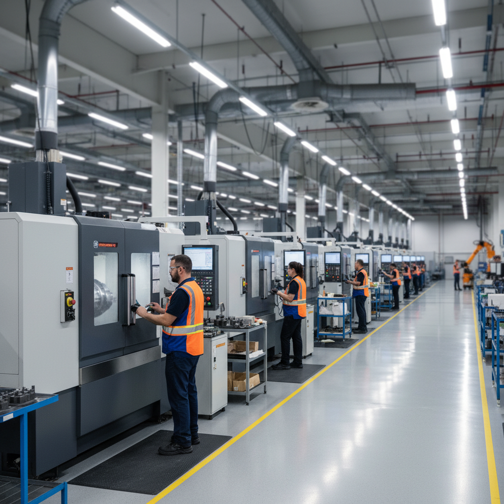 Modern Canadian manufacturing plant floor with workers operating precision CNC equipment