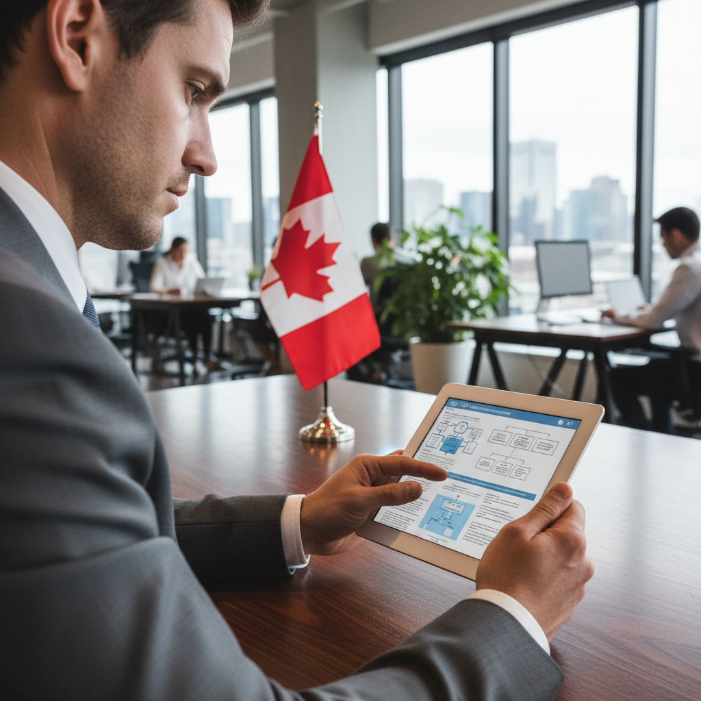 A close-up of a professional reviewing ISO quality management documents on a tablet in a modern Canadian office, Canadian flag visible in the background, photorealistic