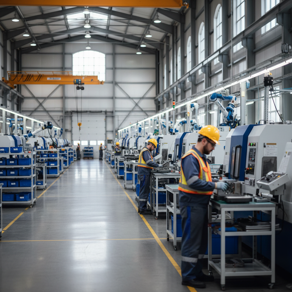 Stamping press operator inspecting a freshly formed automotive bracket under bright LED lighting on a Windsor, Ontario production line