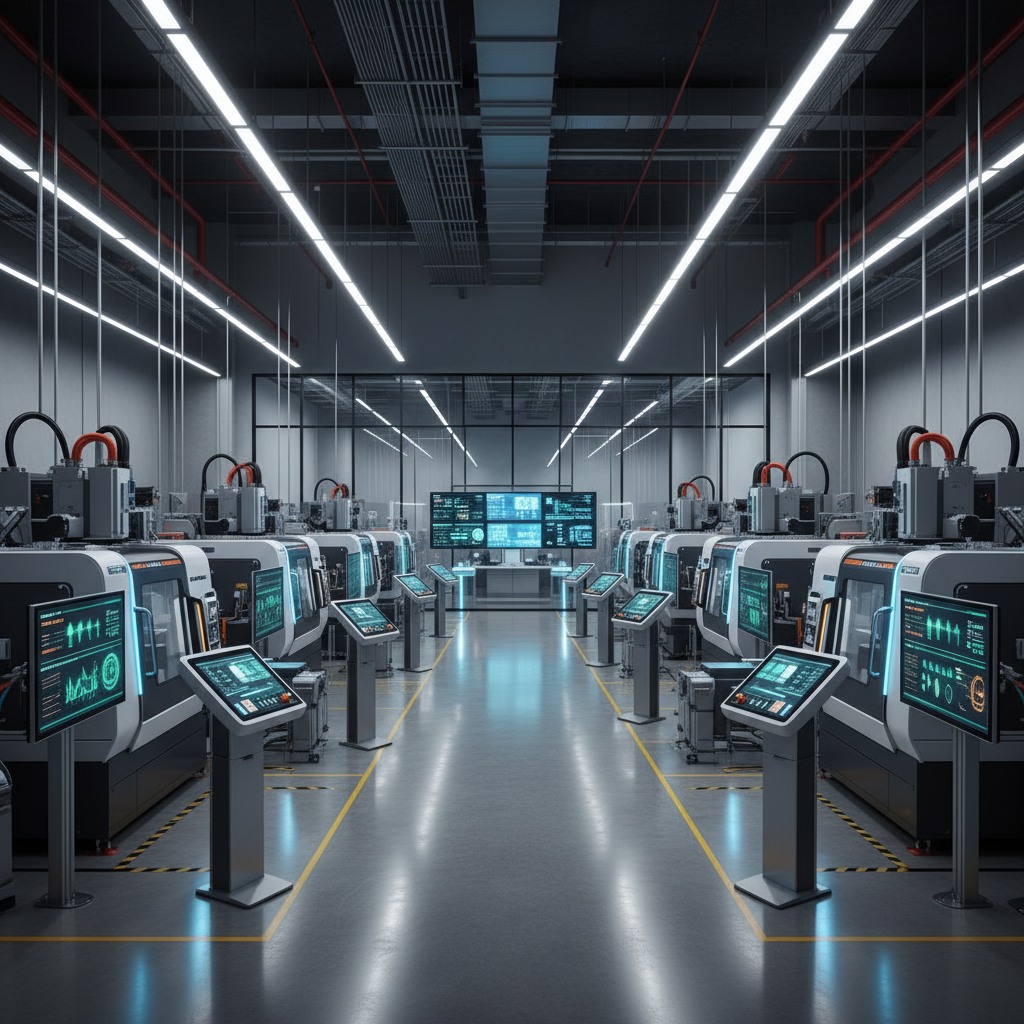 Photograph of production floor showing modern manufacturing equipment with LED lighting, organised facility layout, and visible control systems indicating advanced energy management in operation