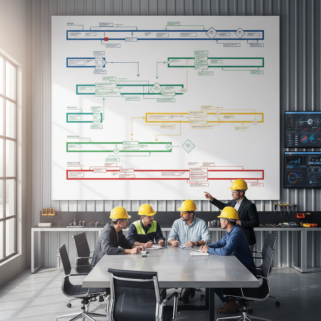 Photograph of a wall-mounted process map in a manufacturing facility showing interconnected process flows with colour-coded swim lanes, printed on a large-format poster next to a team meeting area