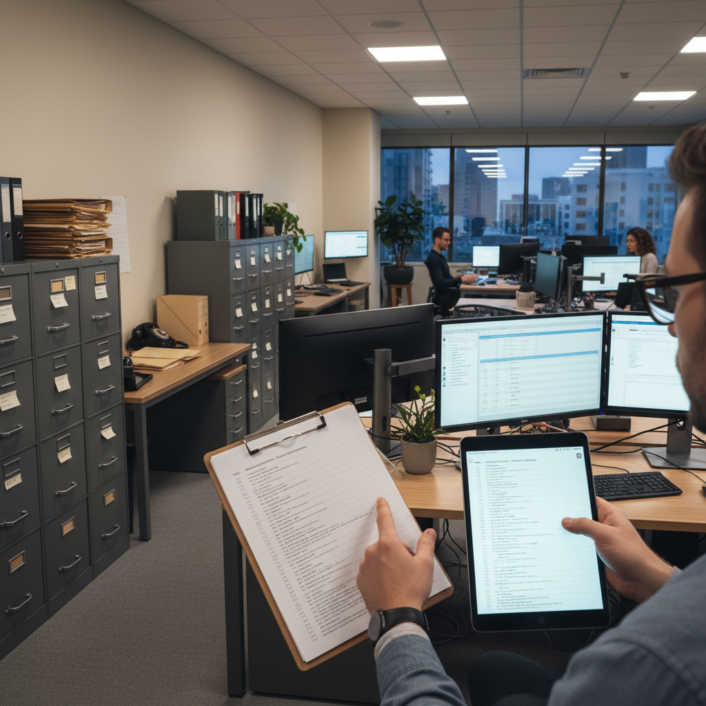 Photograph of a quality office with mixed document management—some filing cabinets, some digital workstations with multiple monitors, a person holding a printed procedure checklist next to a tablet showing the same information. Shows the transition state.