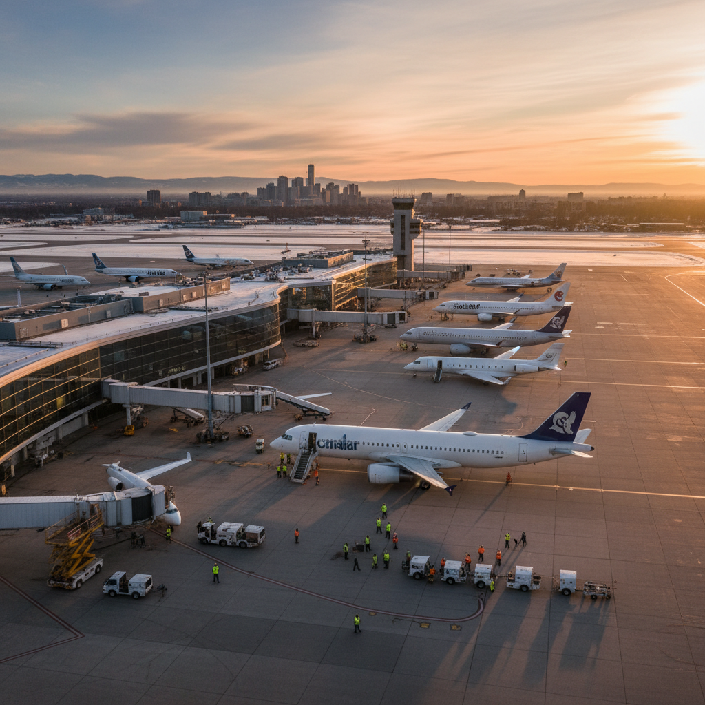 Aerial view of a Canadian airport with commercial and private aircraft on the tarmac, maintenance crews in high-visibility vests performing inspections, golden hour lighting, photorealistic
