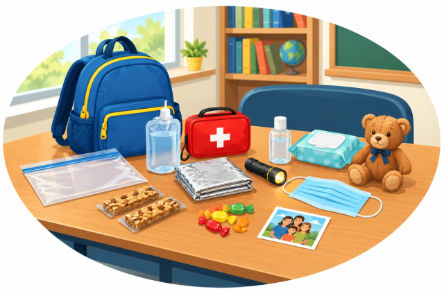 Childrens school kit on a desk: small backpack, water pouch, granola bars, first aid kit, emergency blanket, flashlight, mask, wipes, teddy bear and family photo