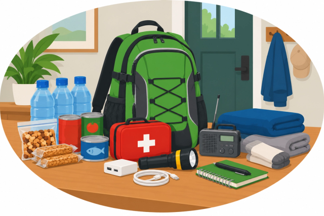 Go bag essentials on a table: backpack, water, food, first aid kit and radio