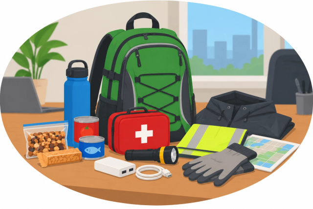 Get home bag at an office desk: backpack, water bottle, first aid kit, gloves and map