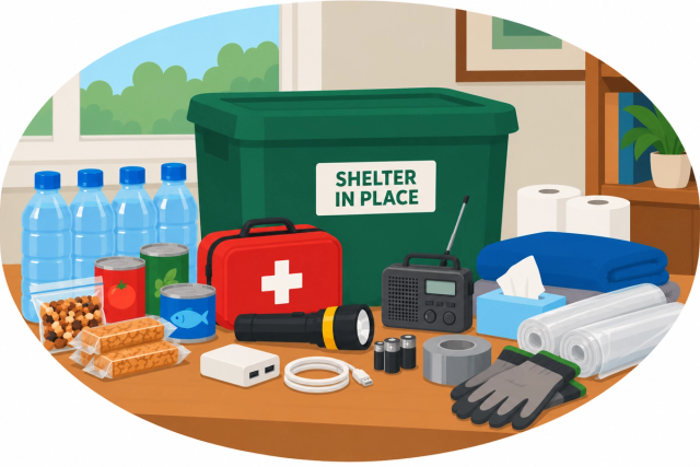 Shelter in place supplies: water, food, first aid kit, radio, tape and plastic sheeting