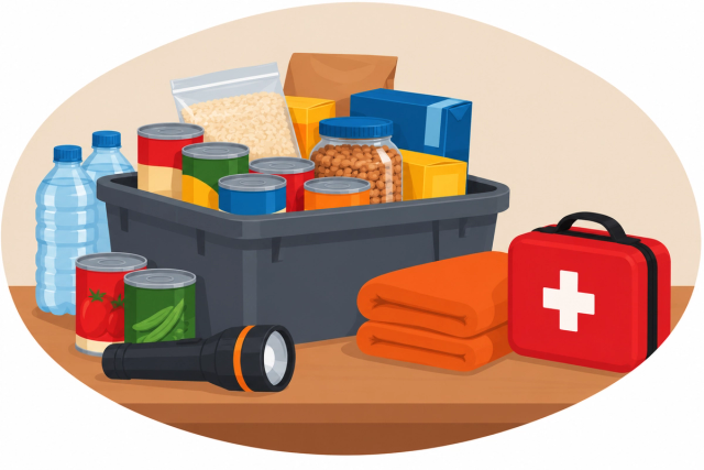 Home supplies: a bin of canned and dry food with water, a first aid kit and a flashlight