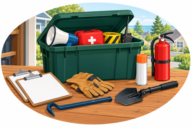 Neighborhood team box: a green tote with a bullhorn, first aid kit, caution tape and radio, beside clipboards, gloves, a crowbar, a shovel and a fire extinguisher