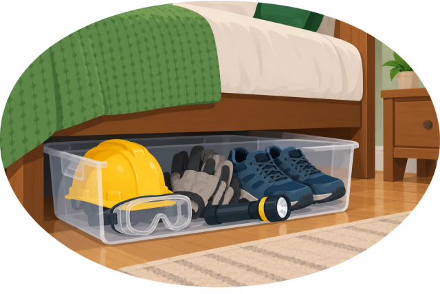 Clear bin under a bed holding a hard hat, gloves, shoes, goggles and flashlight