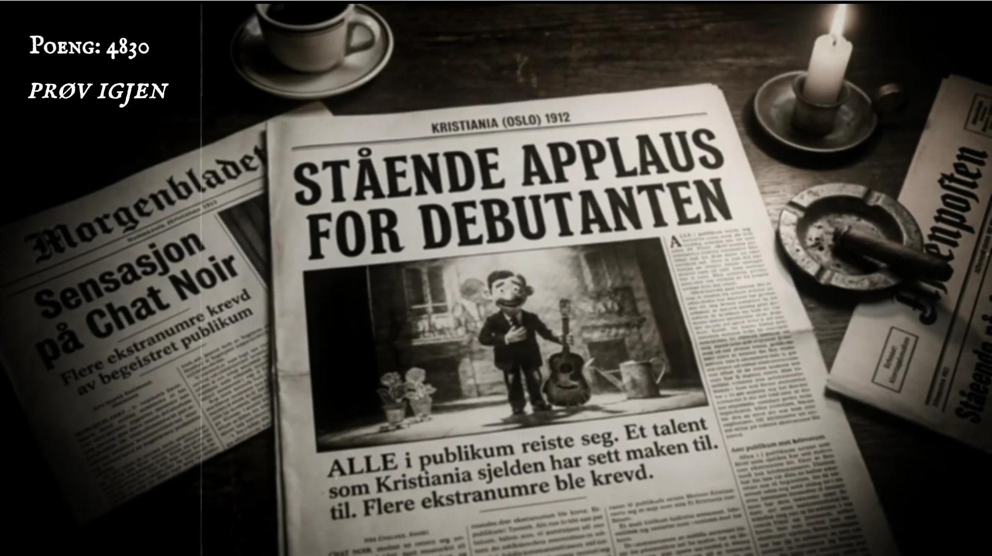 Sluttskjermen: en avis fra Kristiania 1912 med overskriften «Stående applaus for debutanten» og et bilde av gitaristen på scenen, med kaffekopp og stearinlys på bordet.