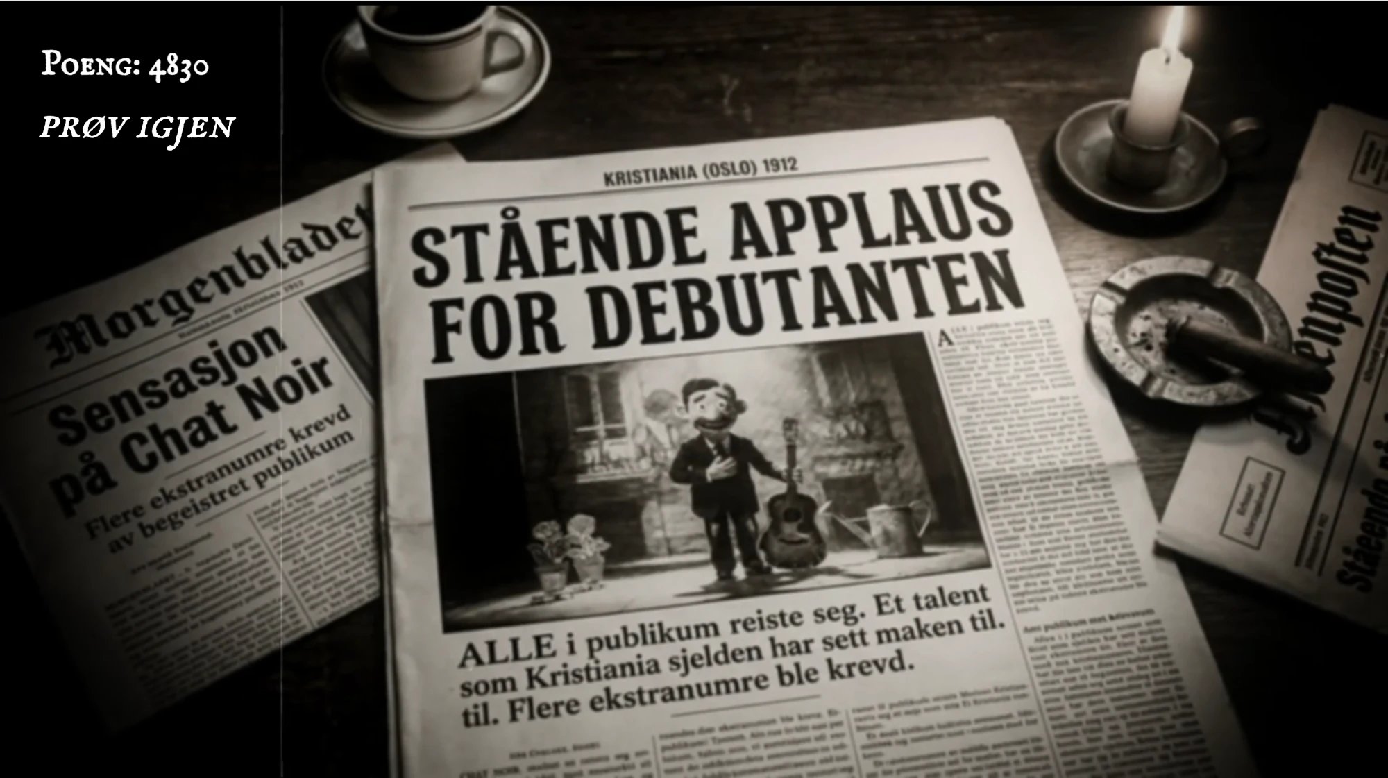 Sluttskjermen: en avis fra Kristiania 1912 med overskriften «Stående applaus for debutanten» og et bilde av gitaristen på scenen, med kaffekopp og stearinlys på bordet.