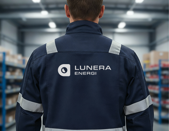 Ryggen på en mørk blå arbeidsjakke med refleksbånd og Lunera Energi-logoen i hvitt mellom skuldrene.