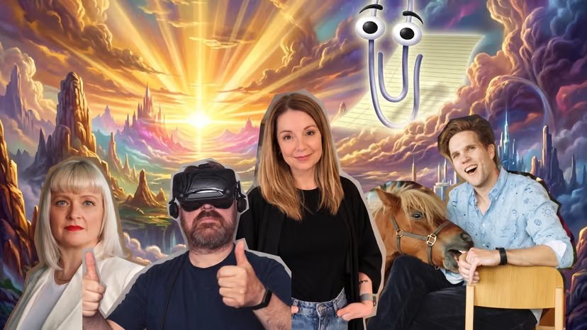 Panelet montert foran et AI-generert fjellandskap i solnedgang, med VR-briller, en ponni og Clippy fra Office.