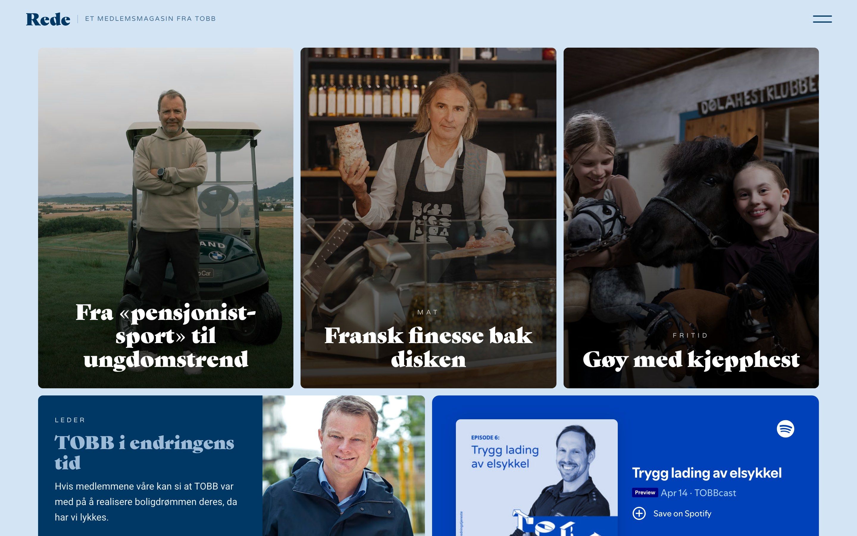 Forsiden på rede.no: store kort for sakene i utgaven, med lederen og en TOBBcast-episode under.