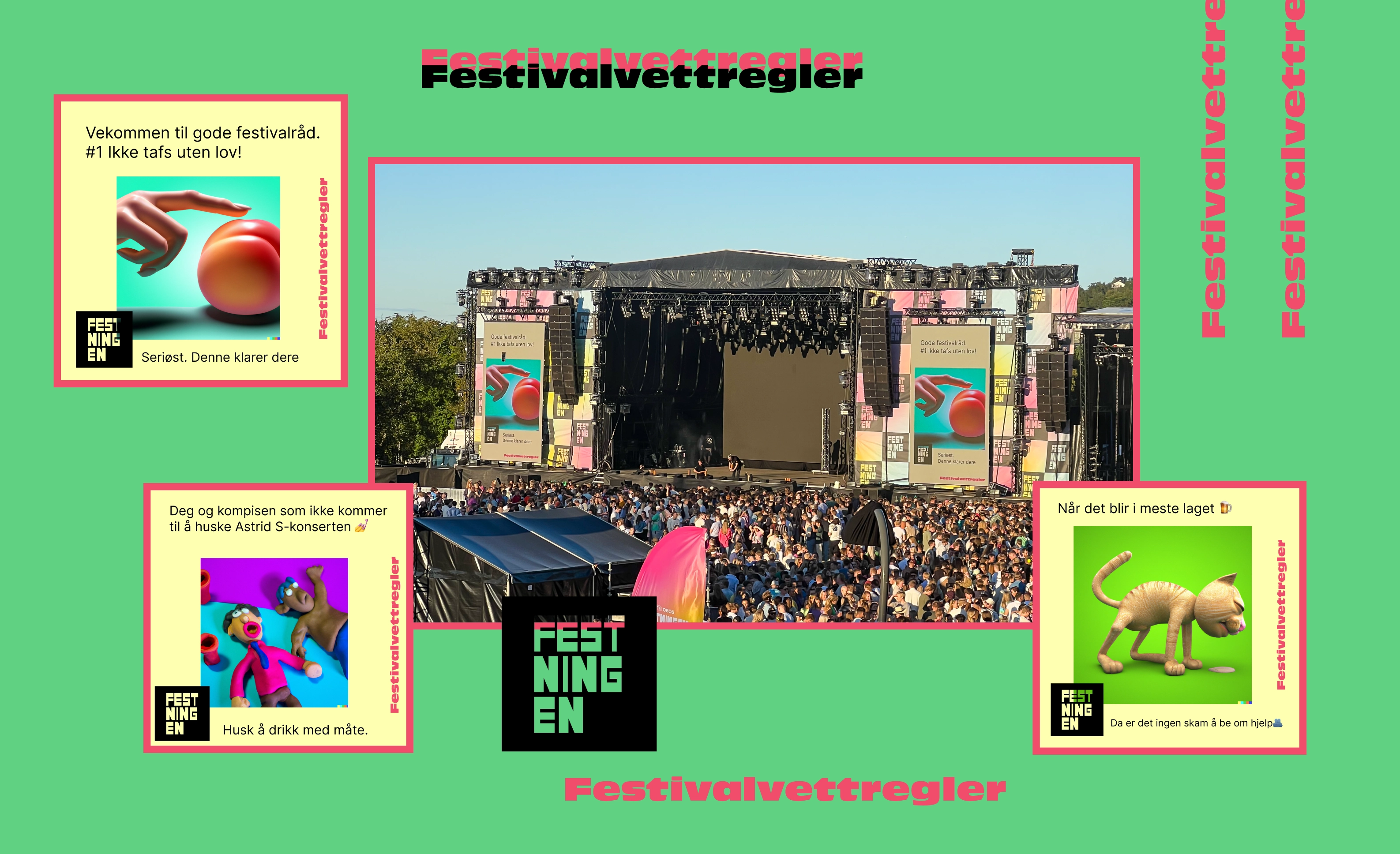 Festivalvettregler på grønn flate: bilde fra scenen på Festningen og tre kort med hver sin regel