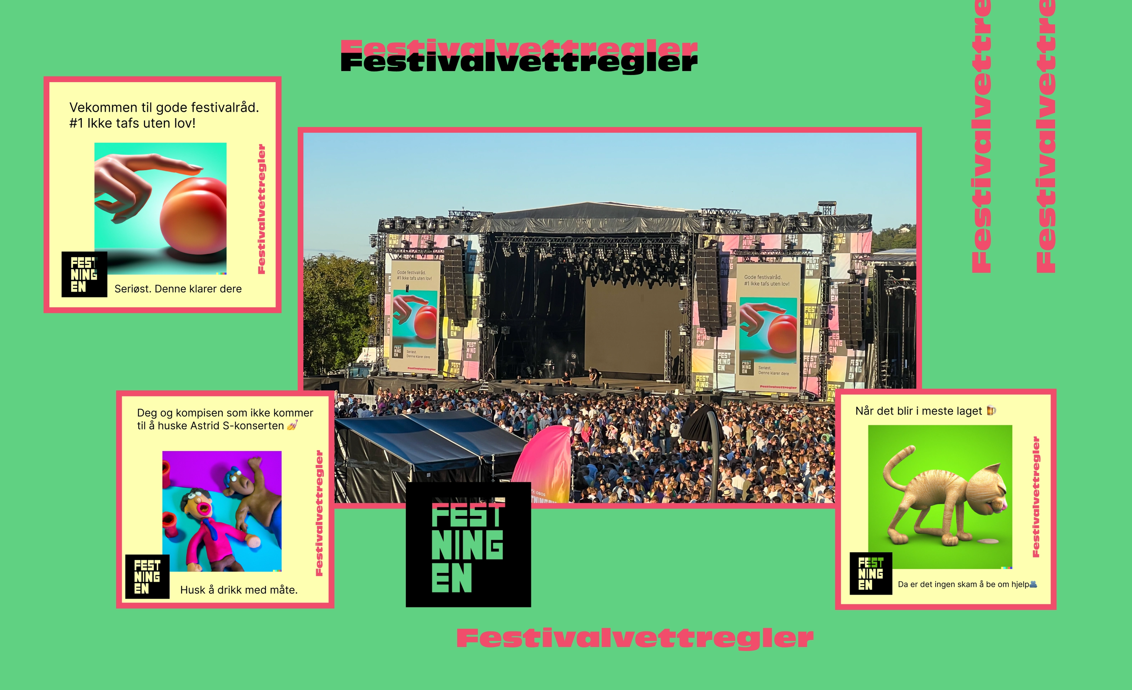 Festivalvettregler på grønn flate: bilde fra scenen på Festningen og tre kort med hver sin regel