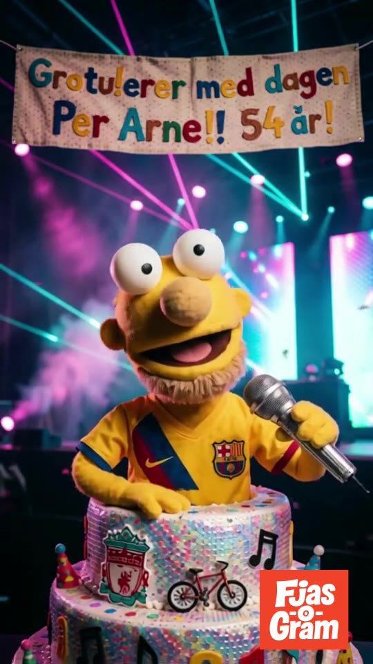 Fluffet-versjonen av Per Arne i Barcelona-drakt med mikrofon, oppå en kake med Liverpool-logo og en sykkel, under banneret «Gratulerer med dagen Per Arne!! 54 år!».