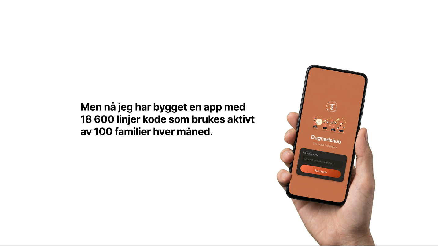 Lysbilde med en hånd som holder mobilen med Dugnadshub, og teksten «Men nå jeg har bygget en app med 18 600 linjer kode som brukes aktivt av 100 familier hver måned».