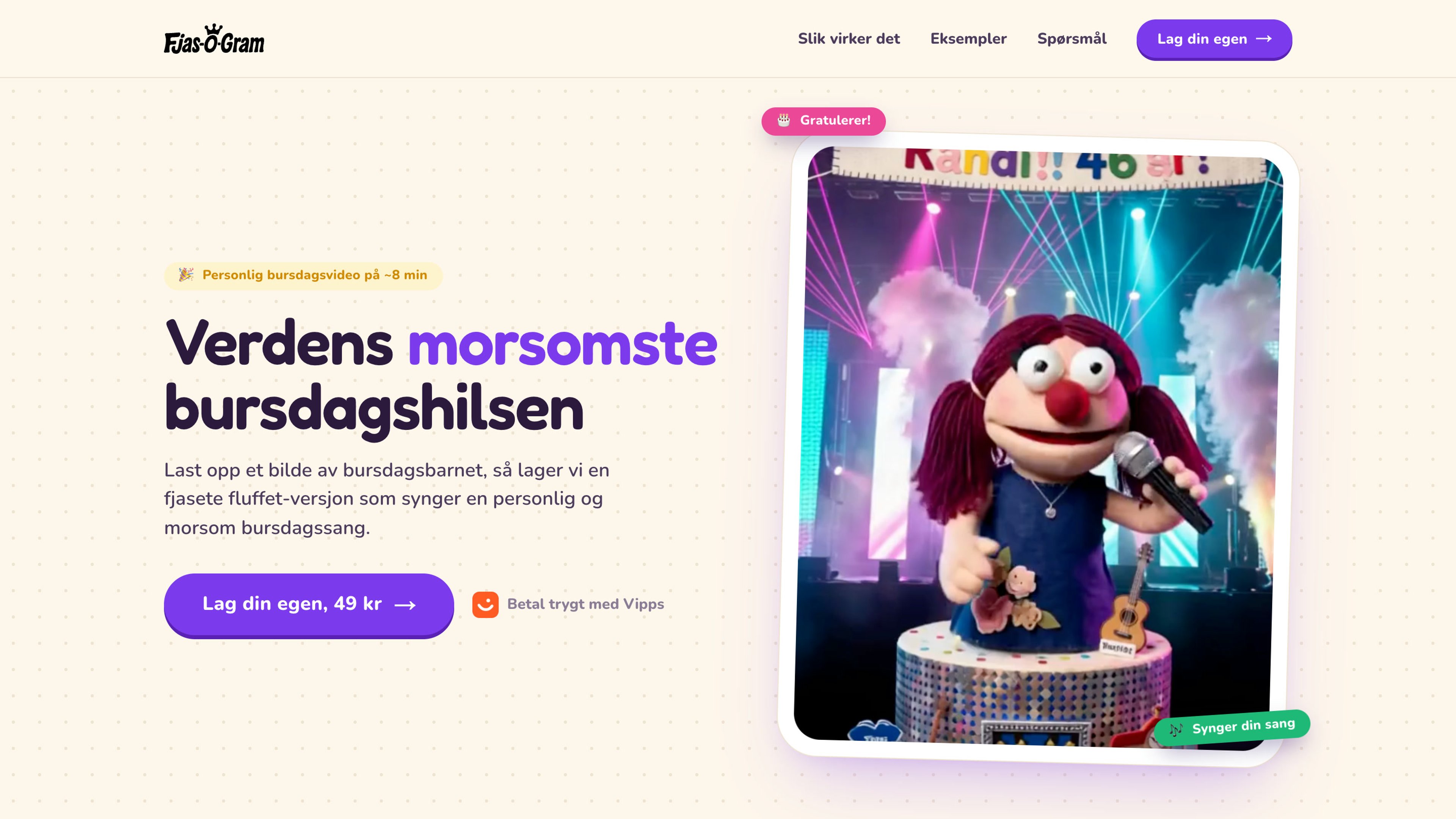 Forsiden på fjasogram.no: «Verdens morsomste bursdagshilsen» og knappen «Lag din egen, 49 kr», ved siden av en filtfigur med rødt hår som synger i mikrofon oppå en bursdagskake.