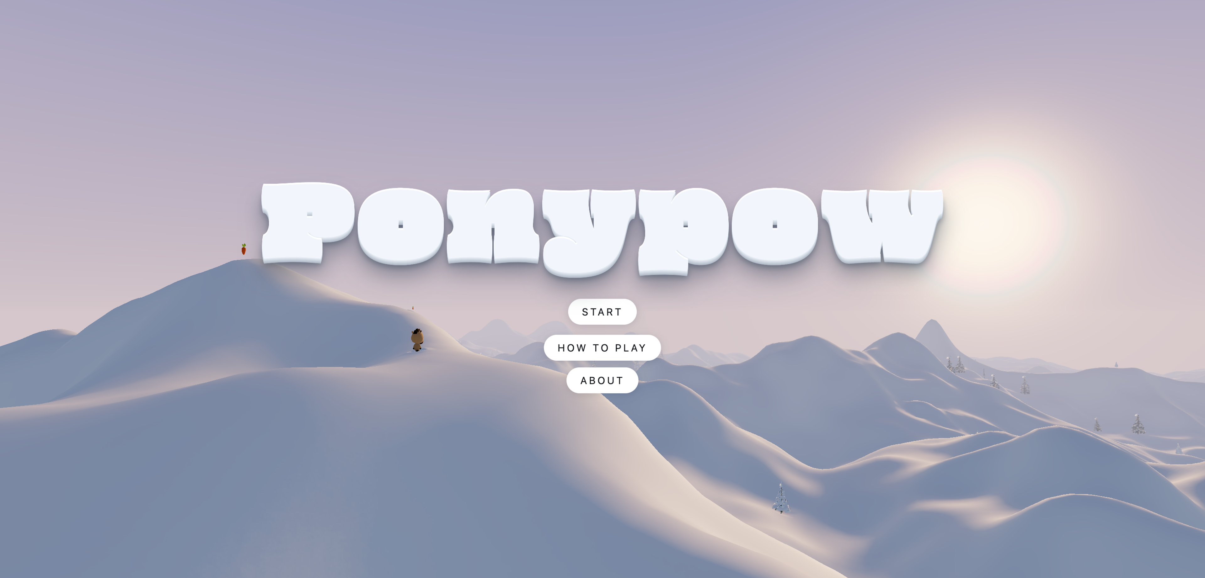 Tittelskjermen i Ponypow: ordmerket over snødekte fjell i motlys, med en liten ponni på vei opp en bakke