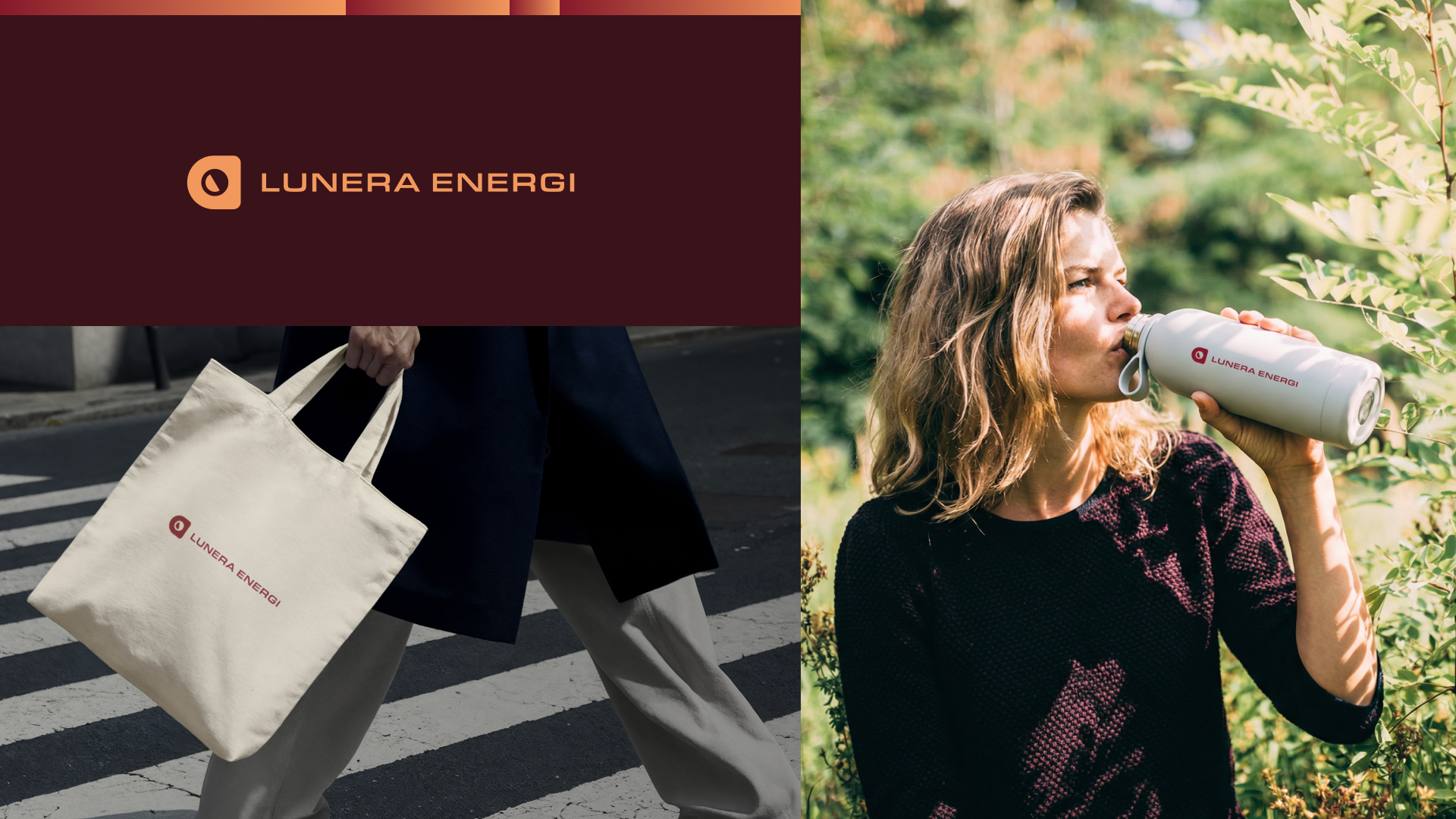 Identiteten i bruk: Lunera Energi-logoen i oransje på mørk rød flate, en handlenett av lerret og en drikkeflaske med samme logo.
