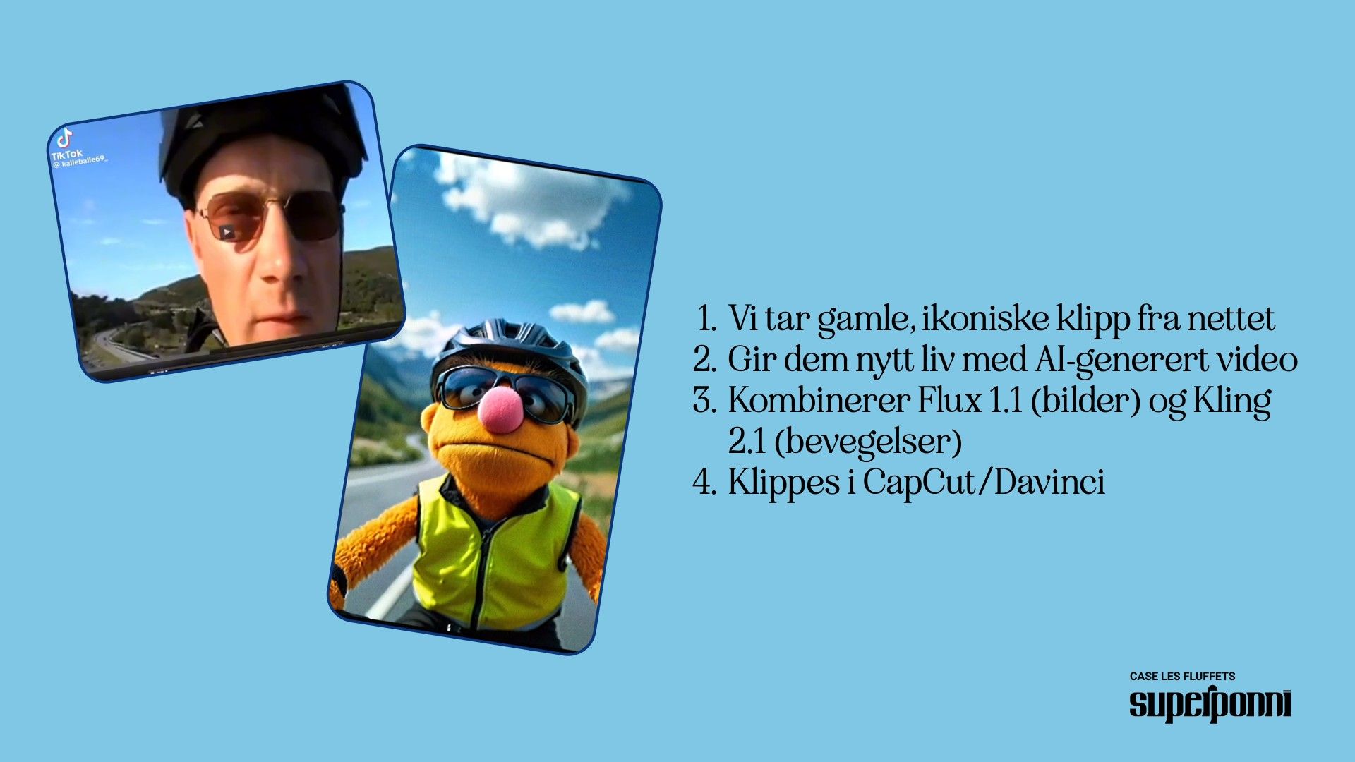 Originalen og fluffet side om side: en syklist med hjelm og solbriller filmer seg selv i et TikTok-klipp, og ved siden av sitter en oransje dukke med rød nese, samme hjelm og refleksvest på samme vei.