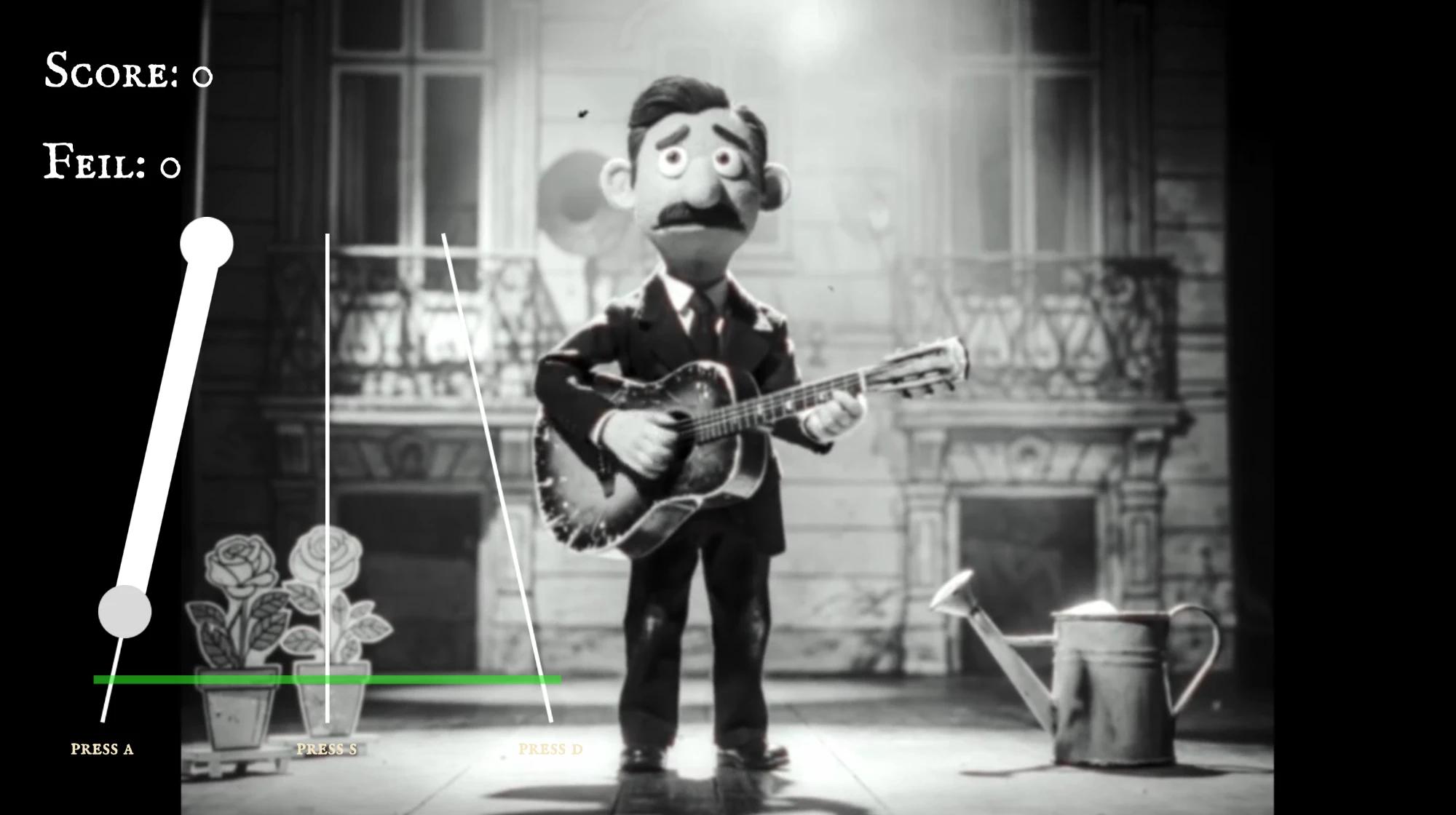 Midt i visa: en dukkefigur med bart spiller gitar på scenen mellom to potteroser og en vannkanne, mens tre strenger kommer inn mot en grønn strek, med poeng og feil oppe i hjørnet.