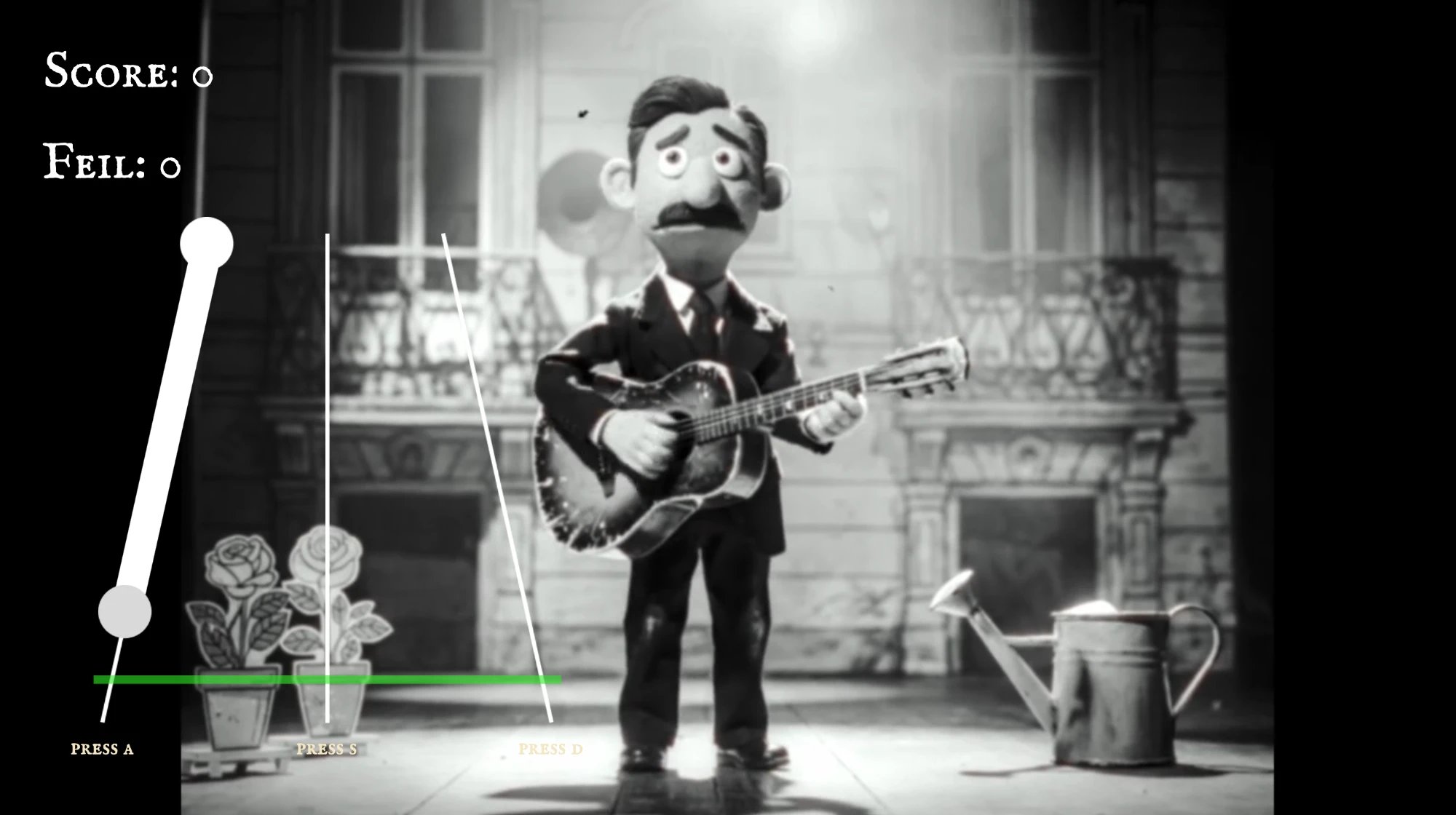 Midt i visa: en dukkefigur med bart spiller gitar på scenen mellom to potteroser og en vannkanne, mens tre strenger kommer inn mot en grønn strek, med poeng og feil oppe i hjørnet.