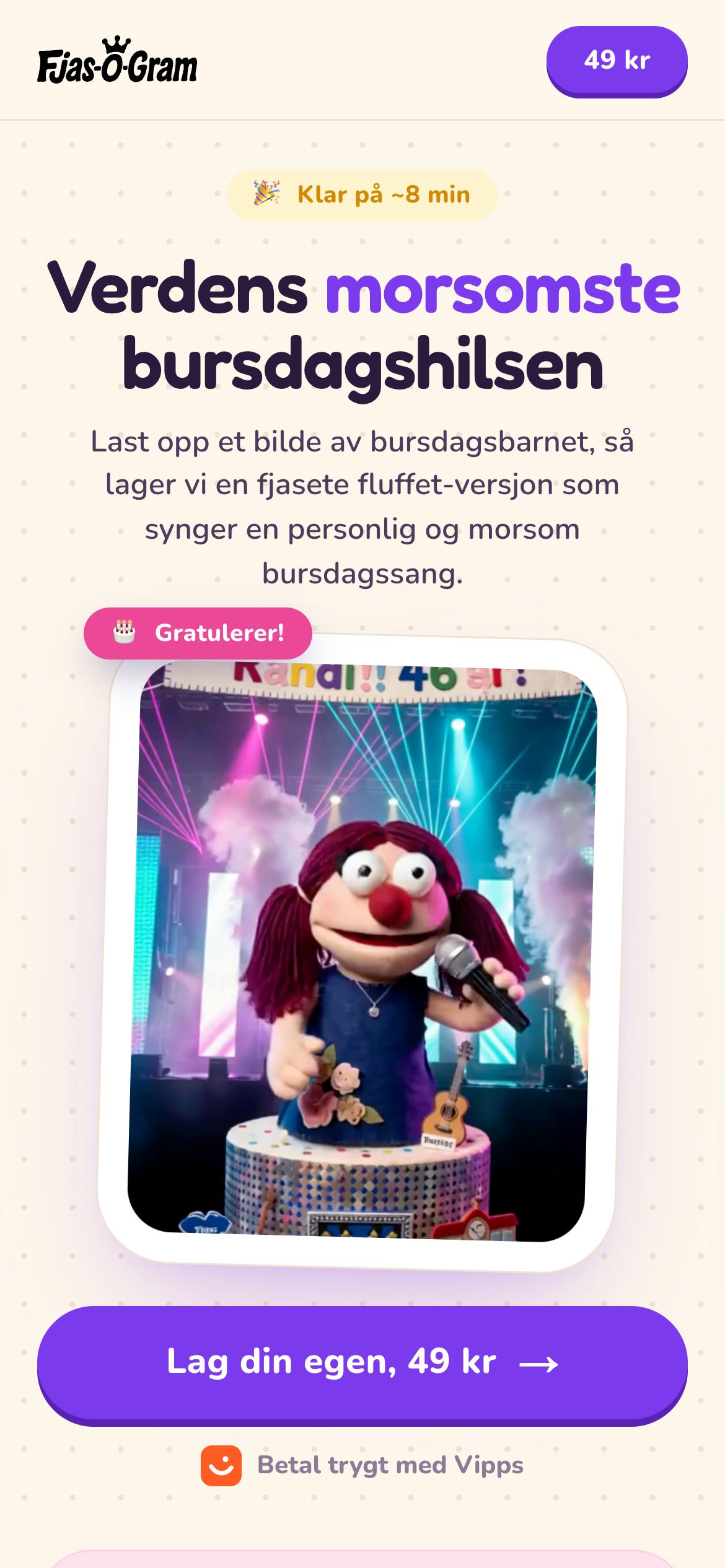 Fjasogram på mobil: overskriften «Verdens morsomste bursdagshilsen», videoen av den syngende figuren og en stor lilla knapp for å lage sin egen.