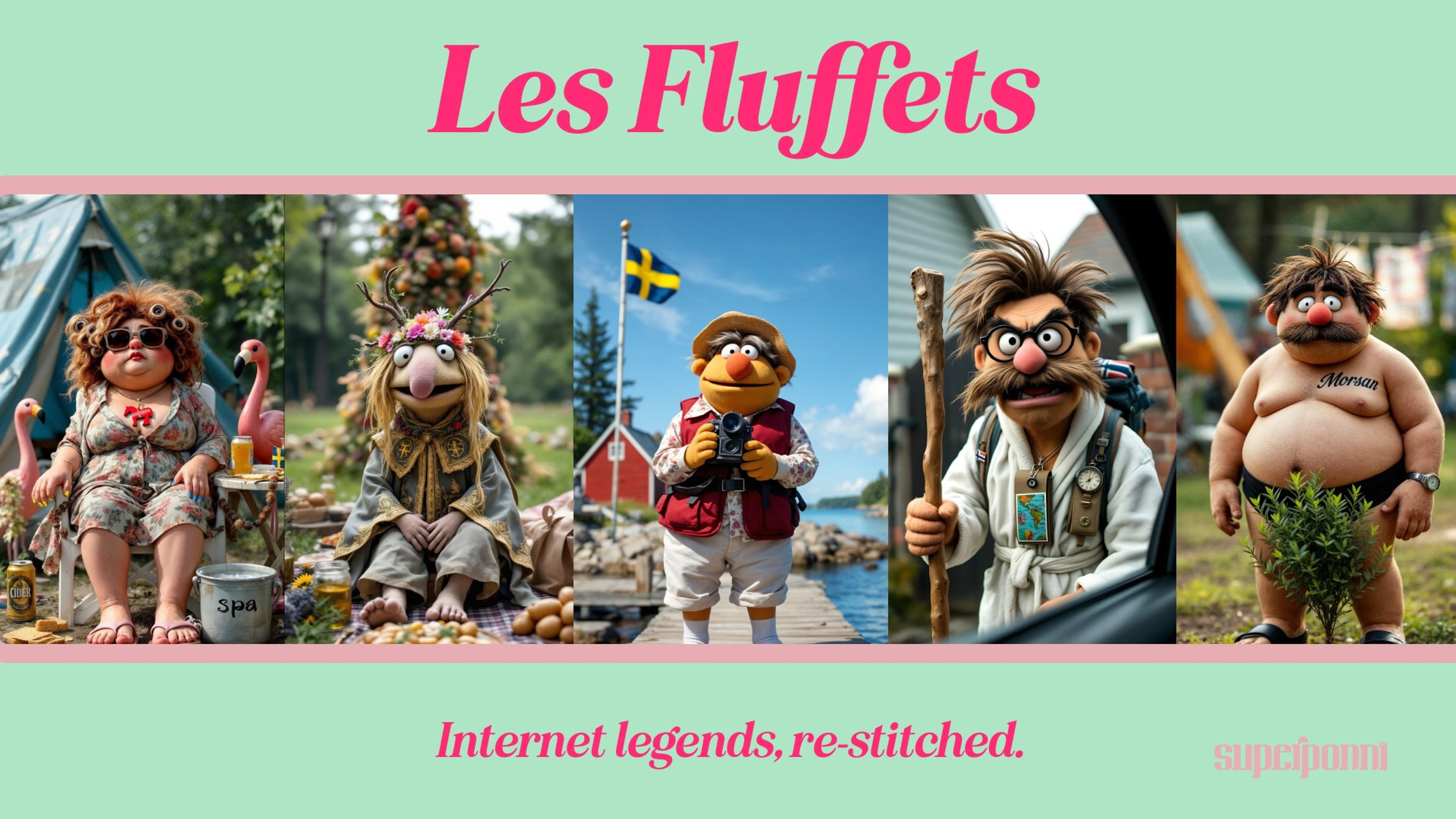 Omslaget til Les Fluffets: fem AI-lagde dukkefigurer på rekke, fra en dame i campingstol mellom rosa flamingoer til en mann i badebukse med «Morsan» tatovert på magen, under teksten «Les Fluffets» og over «Internet legends, re-stitched.» på mintgrønn bakgrunn.