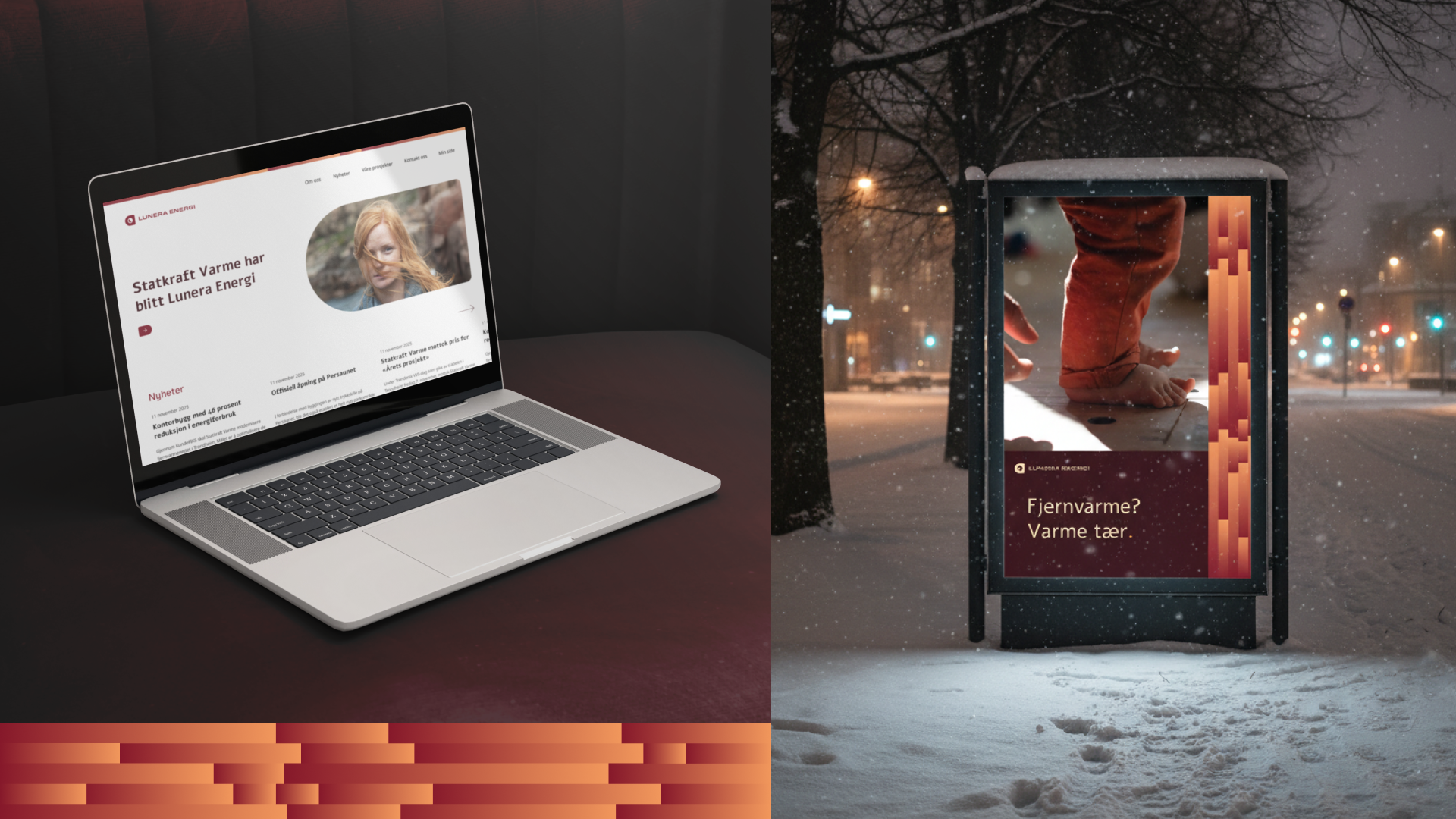 Nettsiden til Lunera Energi på en laptop, ved siden av en opplyst reklamesøyle i snøvær med teksten «Fjernvarme? Varme tær.»
