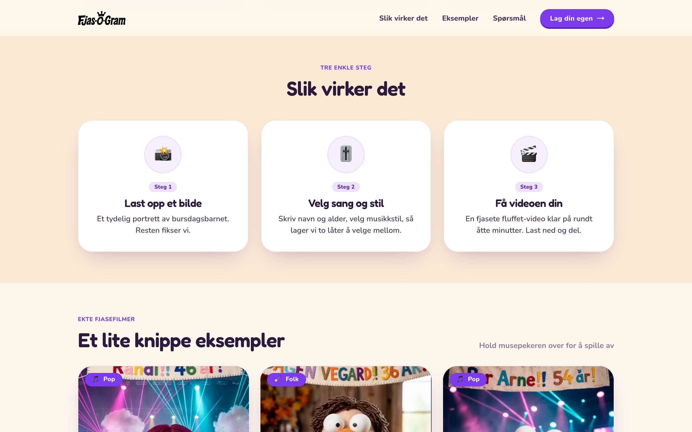 Tre kort under «Slik virker det» på fjasogram.no: last opp et bilde, velg sang og stil, få videoen din.