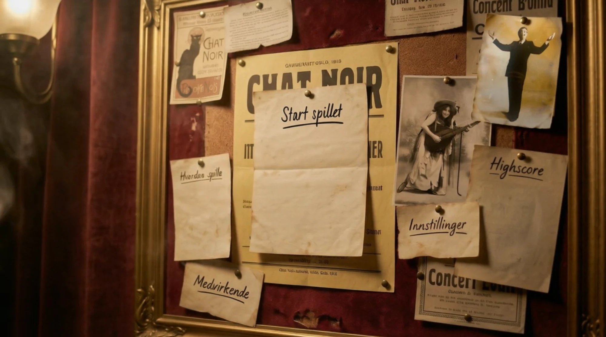 Menyen i Klassikere: håndskrevne lapper for Start spillet, Hvordan spille, Highscore, Innstillinger og Medvirkende, festet med stifter over gamle Chat Noir-plakater i en gullramme.