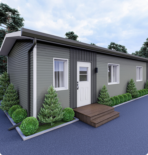 A green house with a white door.