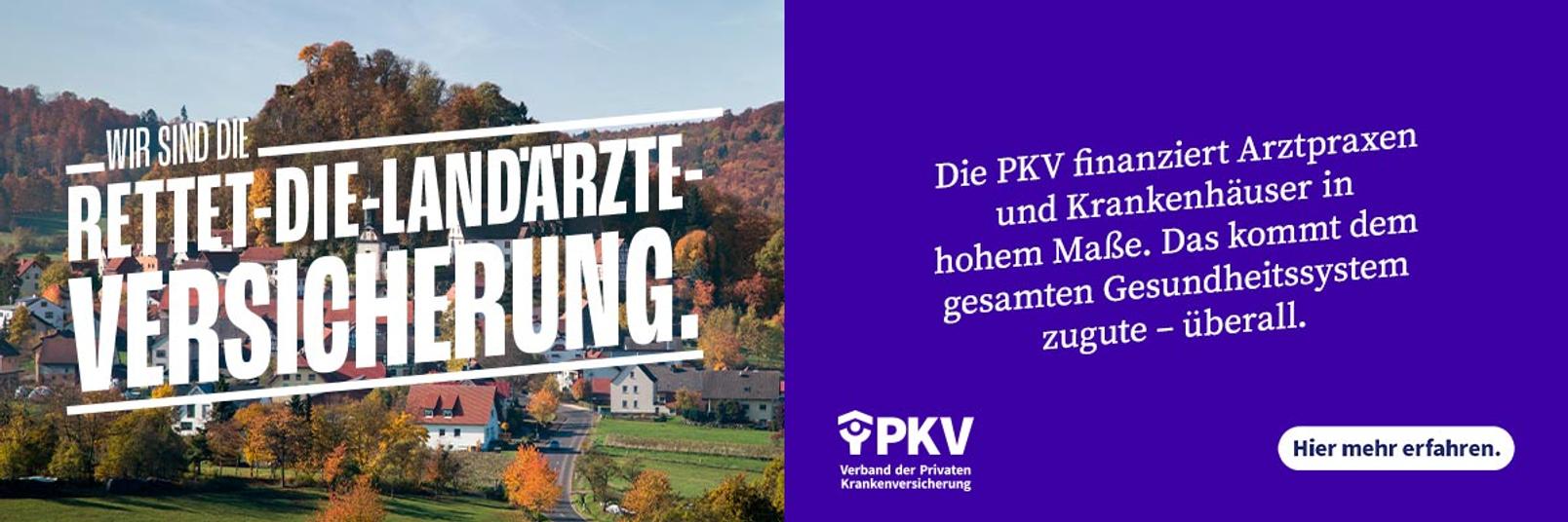 Anzeige PKV - Wir sind die Rettet-die-Landärzte-Versicherung. Die PKV finanziert Arztpraxen und Krankenhäuser in hohem Maß. Das kommt dem gesamten Gesundheitssystem zugute - überall. Hier mehr erfahren.