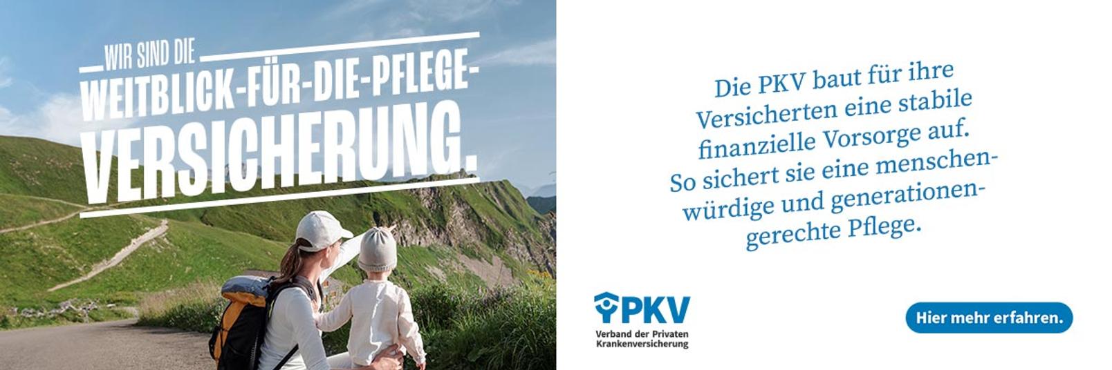 Anzeige PKV - Wir-sind-die-Weitblick-für-die-Pflege-Versicherung: Die PKV baut für ihre Versicherten eine stabile finanzielle Vorsorge auf. So sichert sie eine menschenwürdige und generationengerechte Pflege. Hier mehr erfahren.