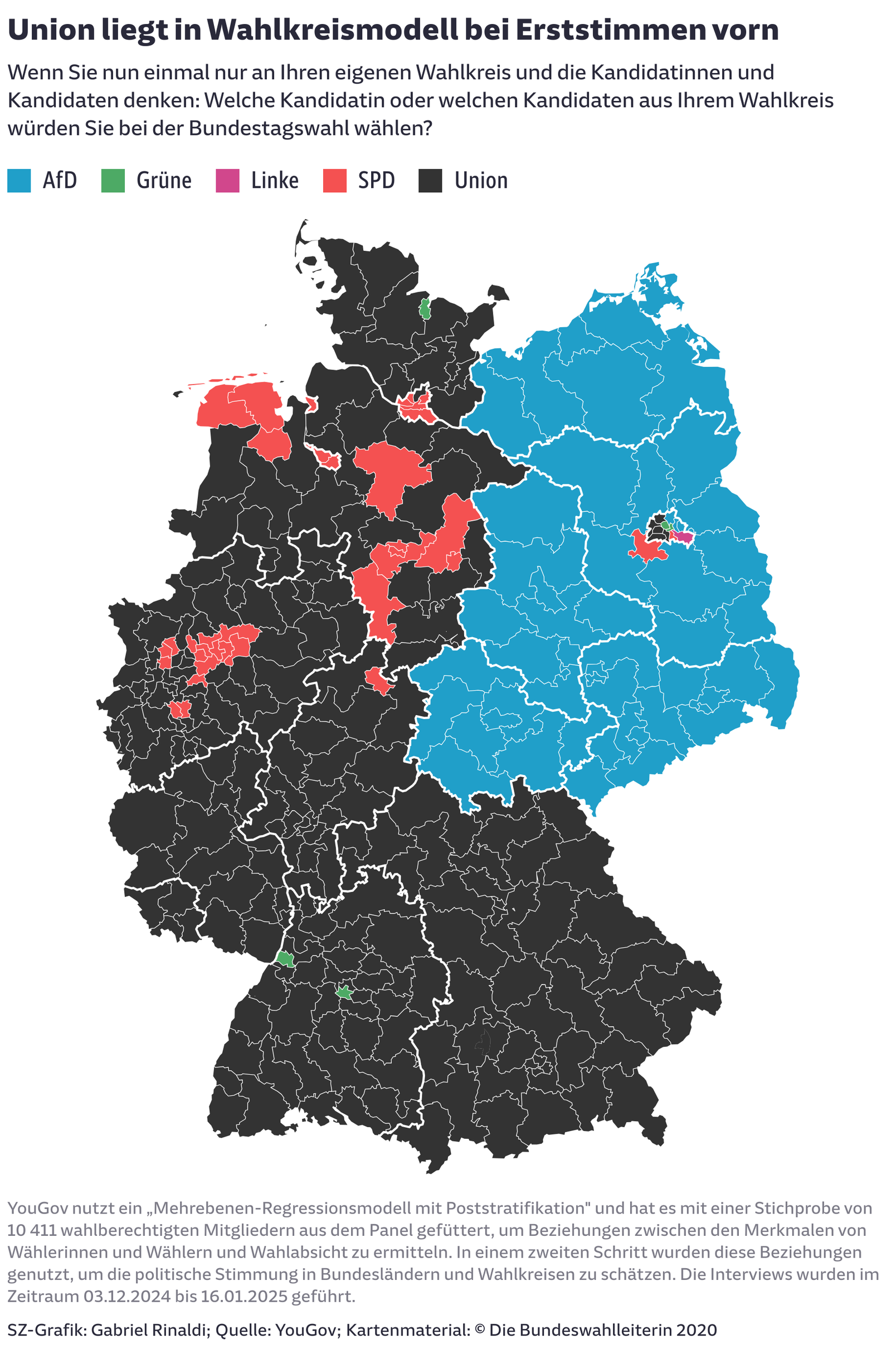 Union würde 208 der 299 Wahlkreise holen