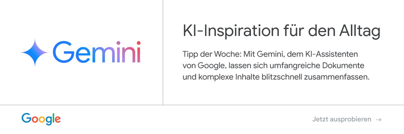 Anzeige von Google - Gemini: KI-Inspiration für den Alltag. Tipp der Woche: Mit Gemini, dem KI-Assistenten von Google, lassen sich umfangreiche Dokumente und komplexe Inhalte blitzschnell zusammenfassen. Jetzt ausprobieren.