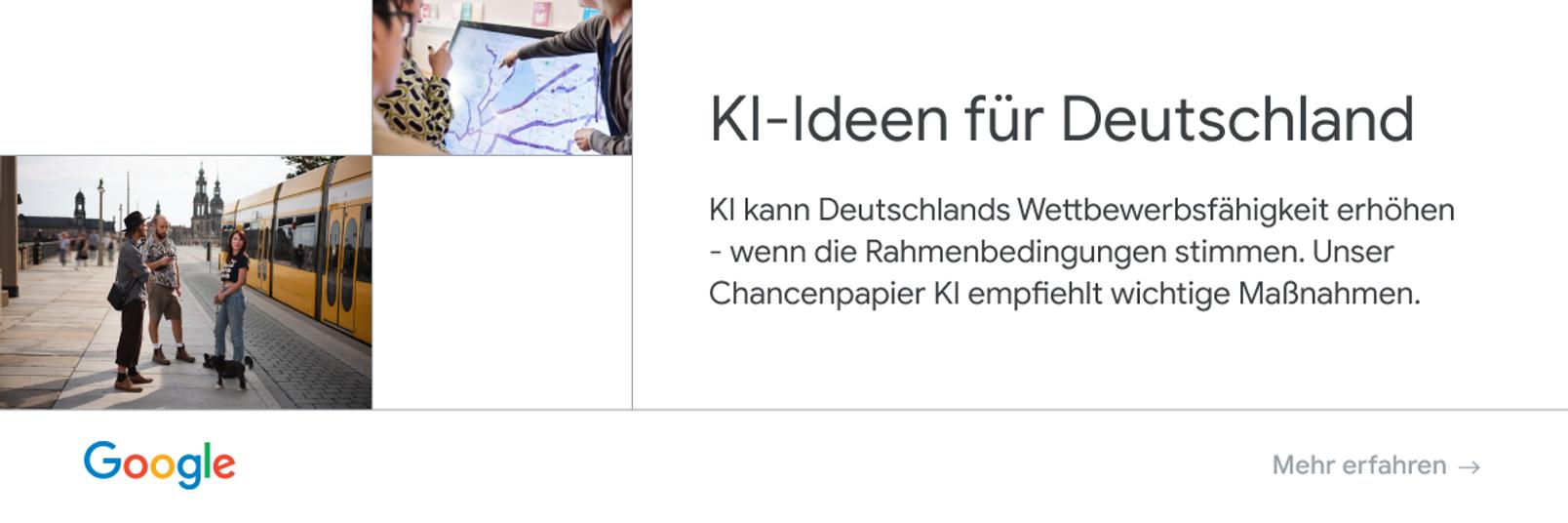 Von Google: KI-Ideen für Deutschland. Unser Chancenpapier KI zeigt, wie Deutschland KI-Potenziale besser nutzen kann.