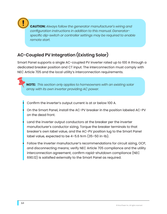 Kora installation manual page 64: 9.7 AC-Coupled PV