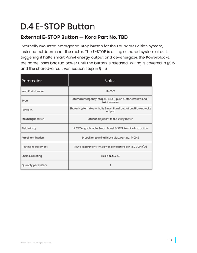 Kora installation manual page 133: D.4 E-STOP Button