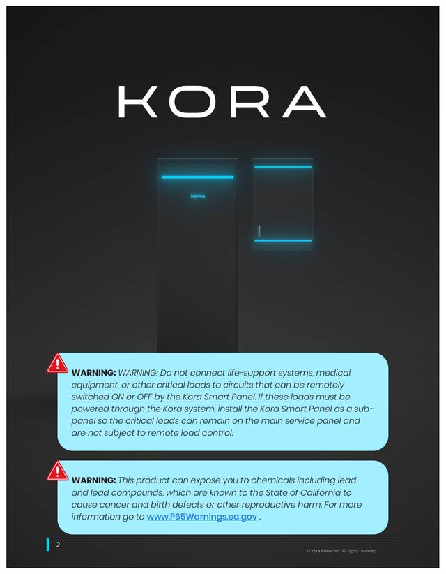 Kora installation manual page 2: Warnings