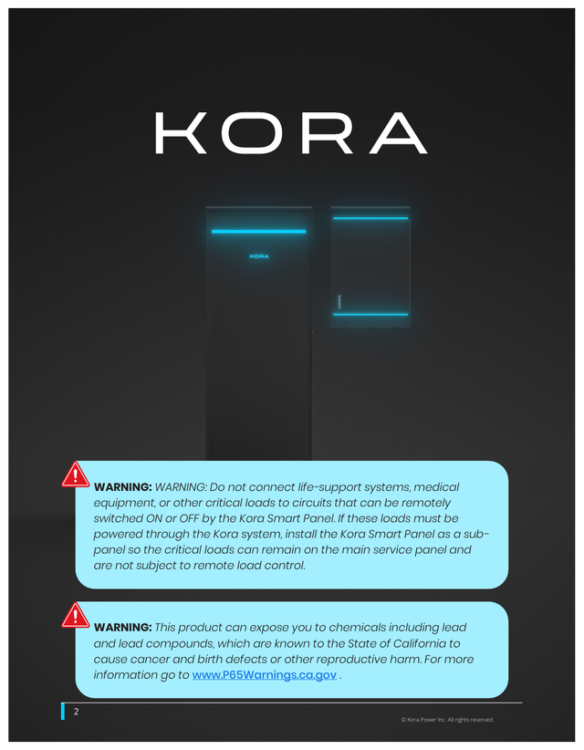 Kora installation manual page 2: Warnings
