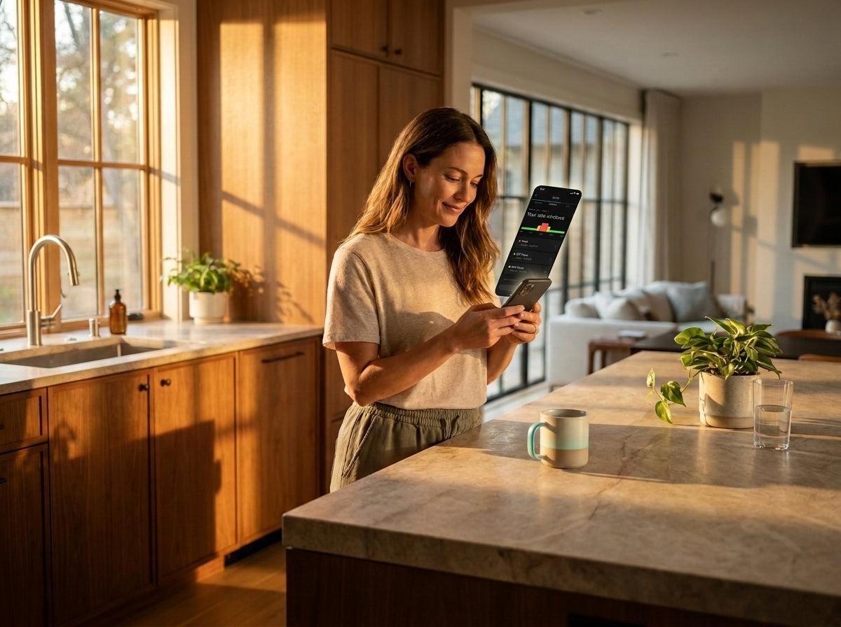 Homeowner in a kitchen checking the Kora Power App TOU schedule on a smartphone in late afternoon light.