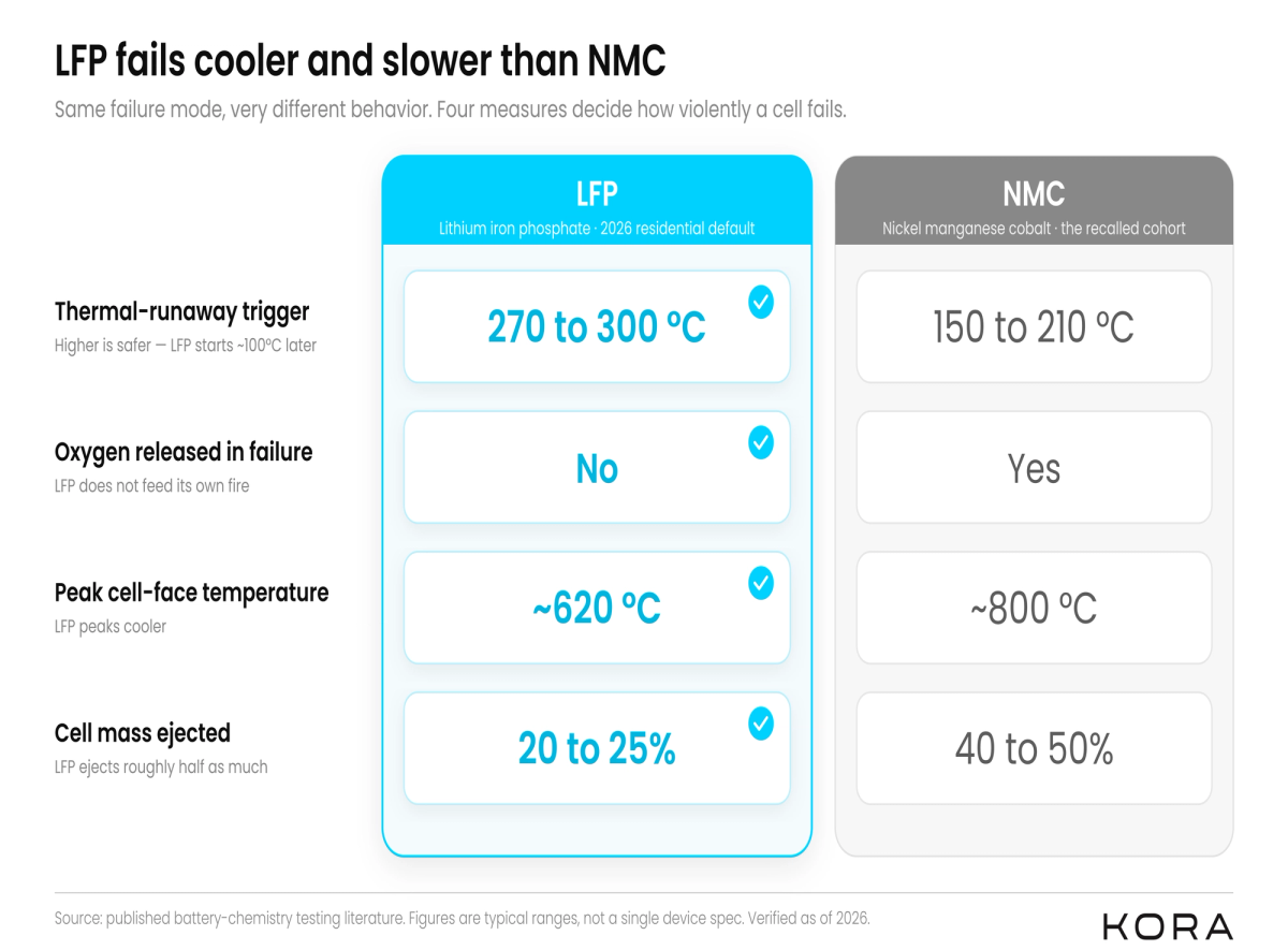 Comparison diagram of LFP and NMC battery thermal runaway behavior.