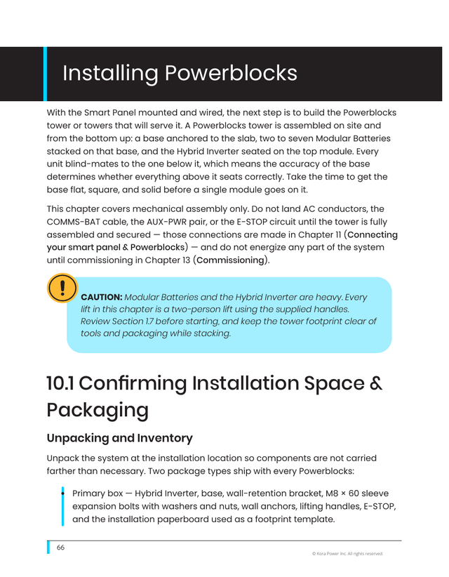 Kora installation manual page 66: 10.1 Powerblocks Space and Packaging