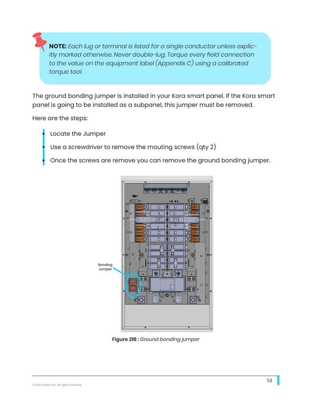 Kora installation manual page 53: 9.2 Subpanel Bonding Jumper (Fig. 21B)